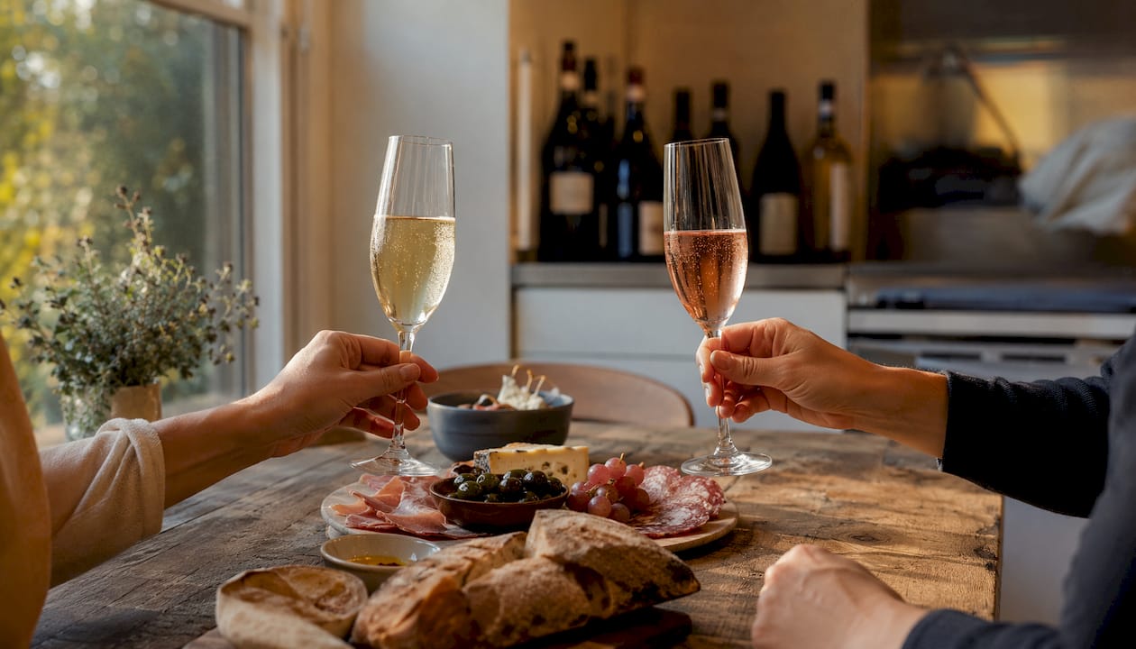 Overhead of wine glasses and charcuterie on table