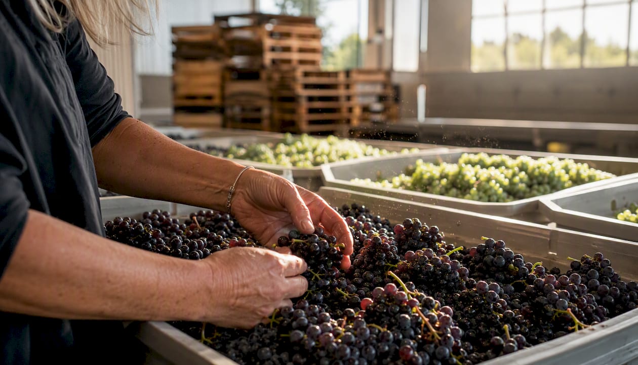 Australian vineyard and workers harvesting grapes