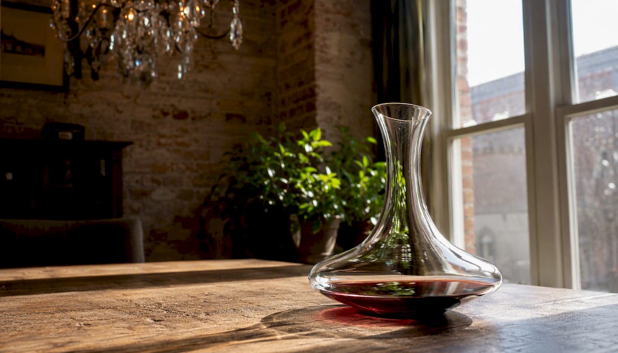 Top view of different decanter shapes on marble countertop