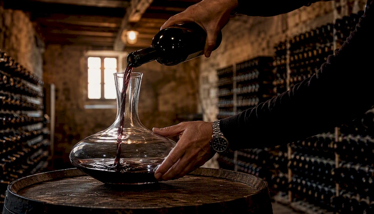 Hands carefully decanting Bordeaux with candle light