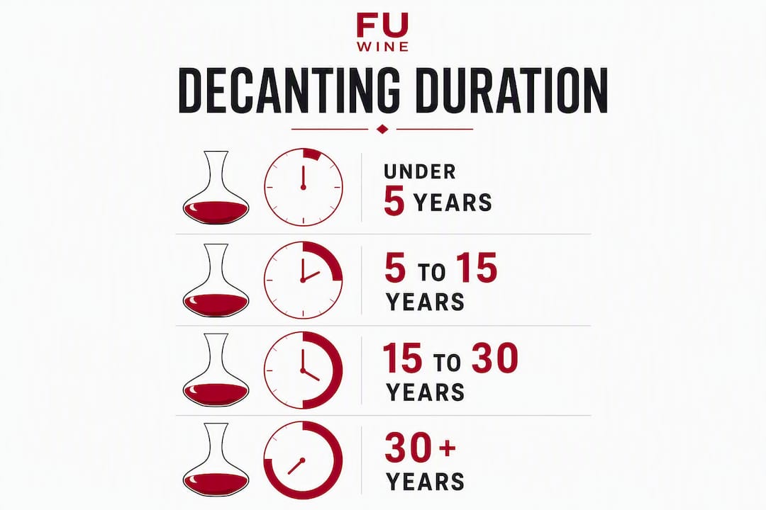 Infographic illustrating decanting times by wine age