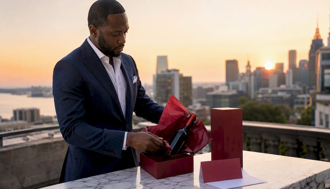 Hands wrapping rare wine in luxury box