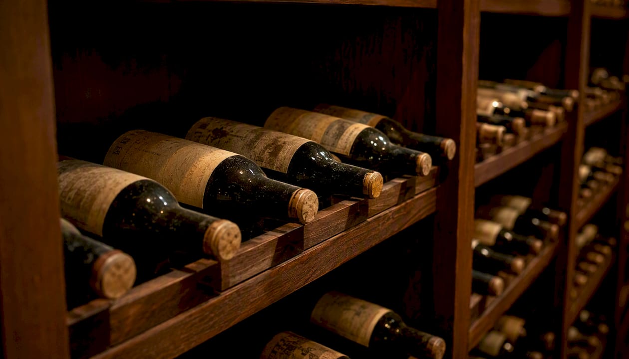 Cellar-aged wine bottles on wooden shelf