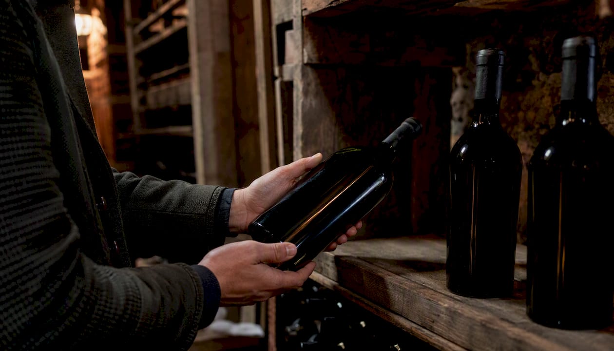 Hands placing wine bottle in cellar shelf