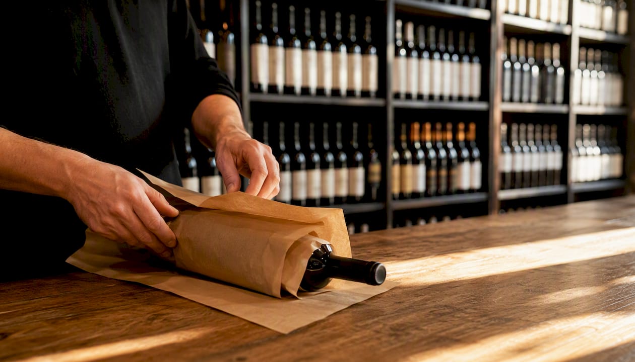 Packing a wine bottle at specialist merchant counter