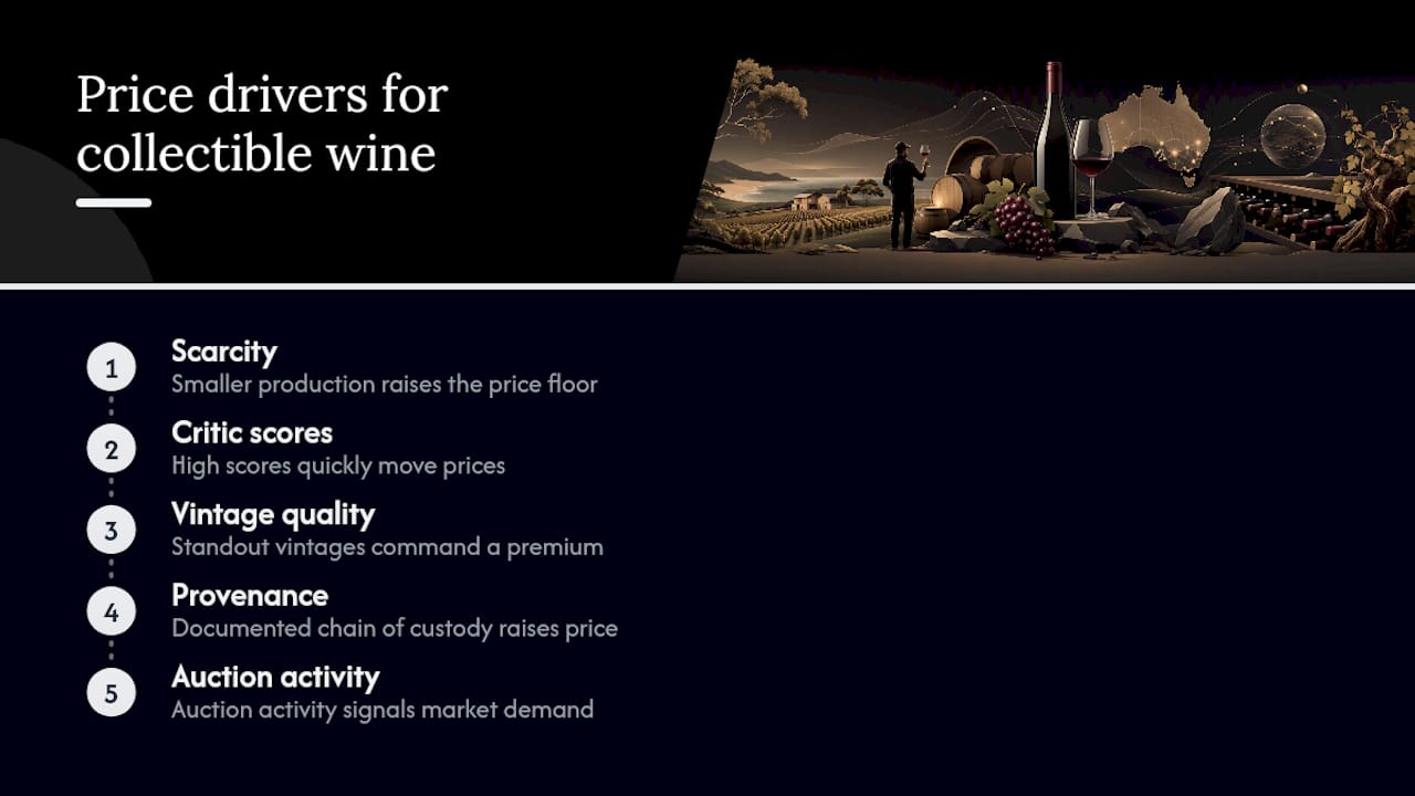 Diagram showing factors shaping collectible wine prices