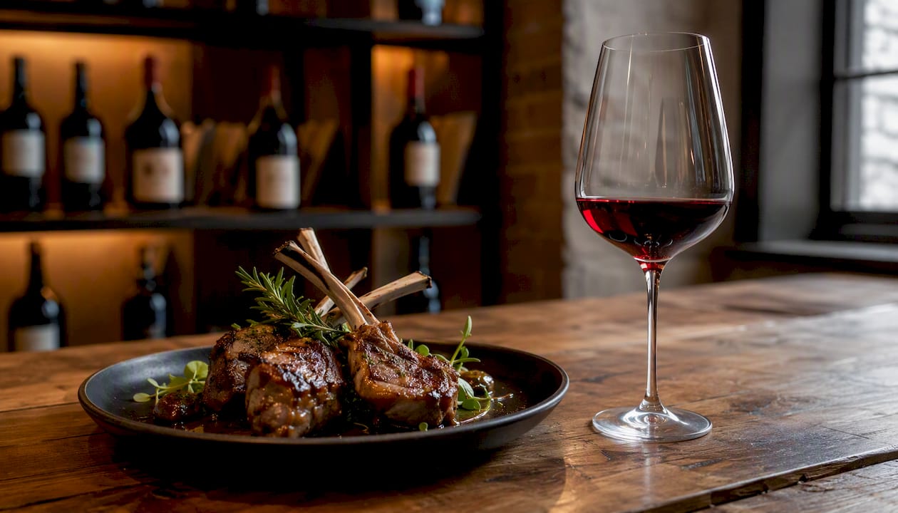 Wine glass paired with gourmet food plate