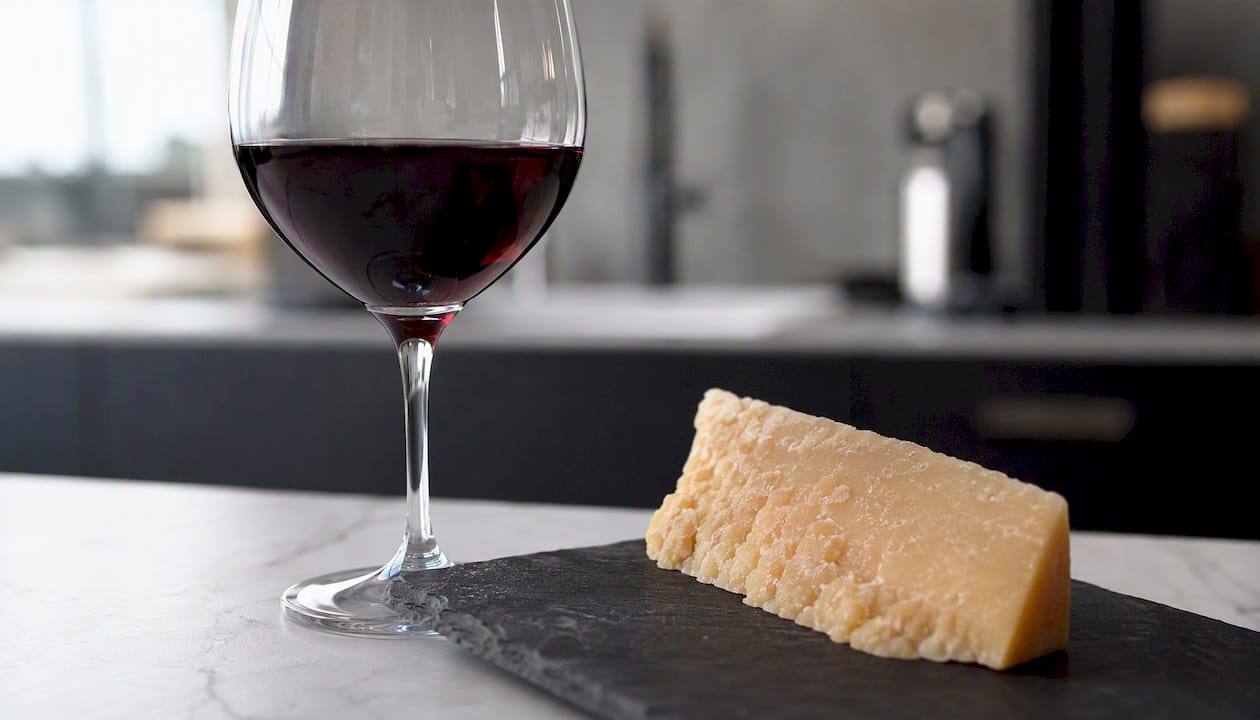 Cabernet Sauvignon glass next to aged cheddar