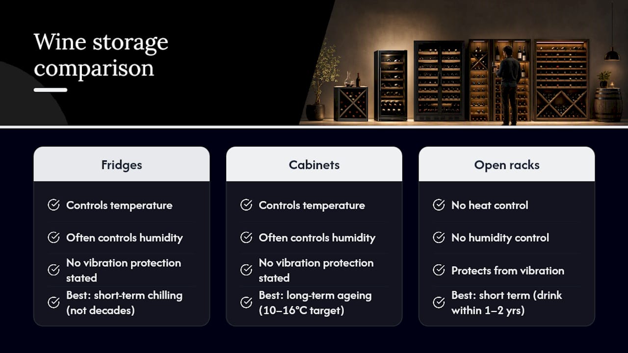 Comparison diagram of wine storage types and their protection features
