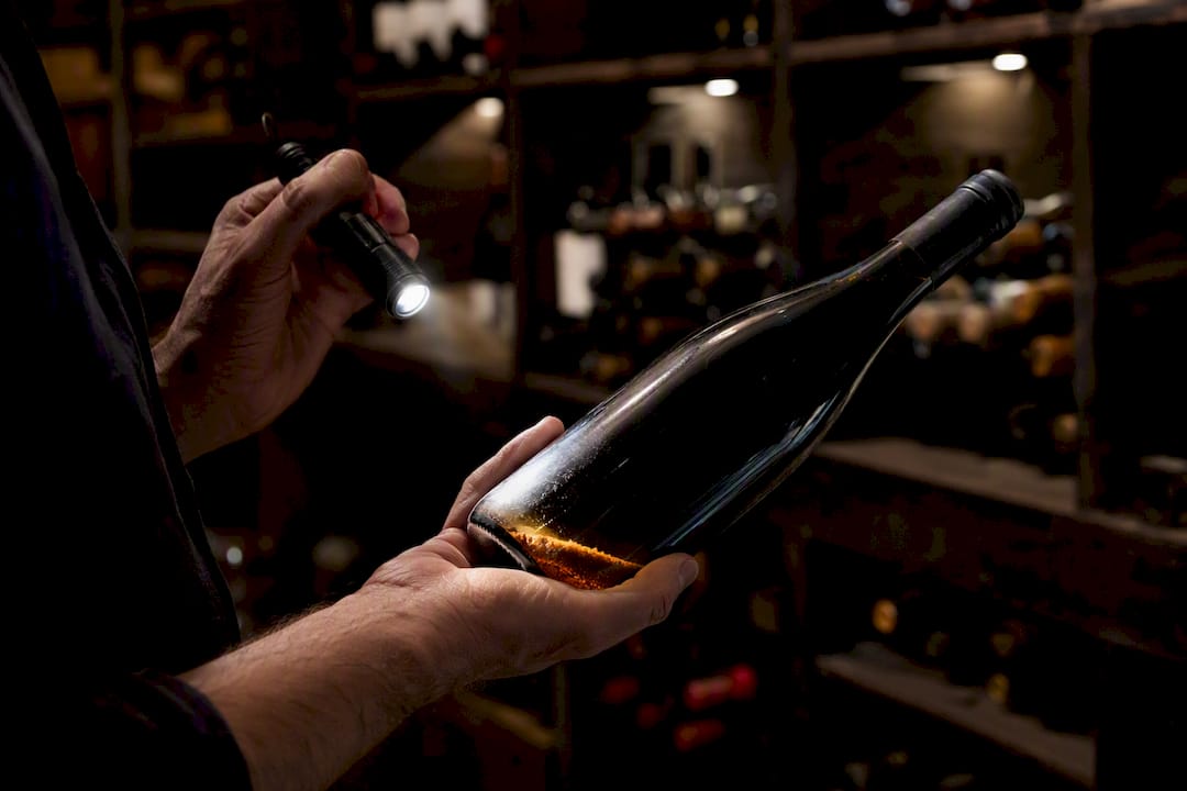 Hands inspecting sediment in wine bottle using flashlight