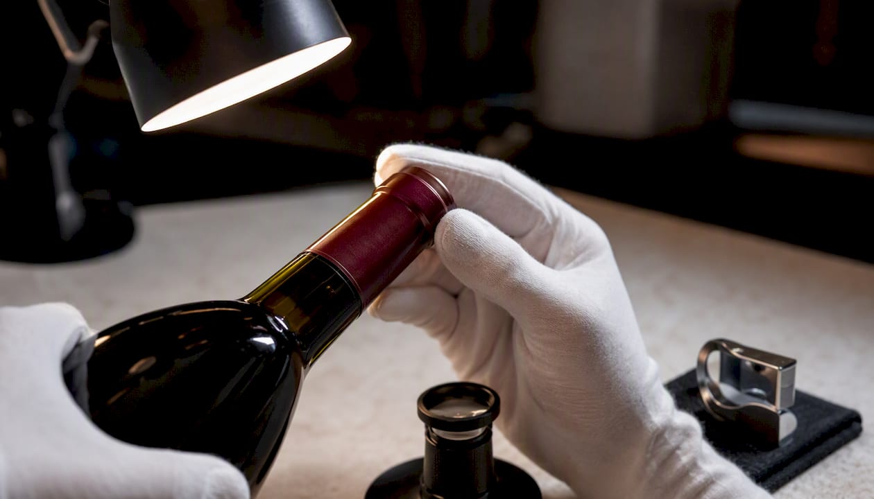 Gloved hands inspecting a wine bottle closure