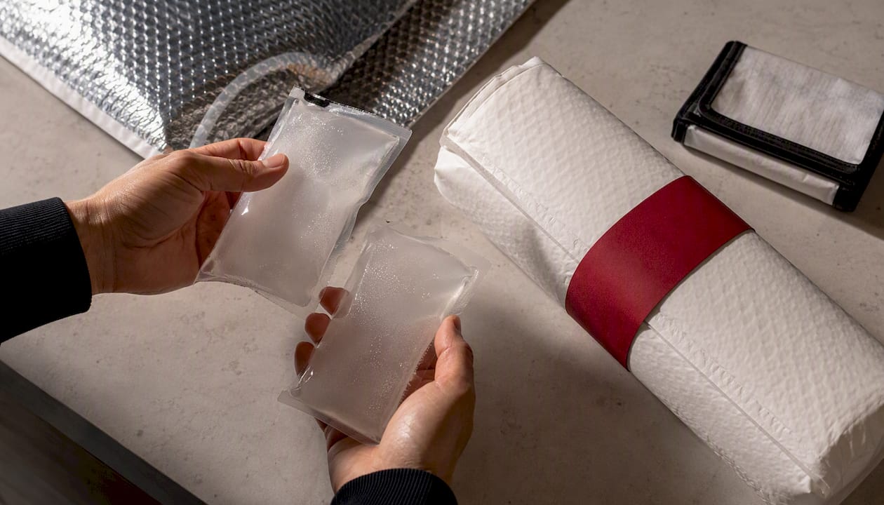 Thawed gel packs beside insulated parcel