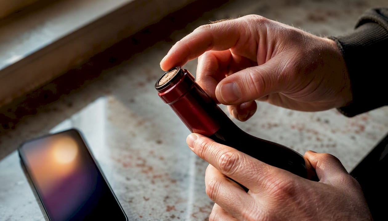 Collector inspecting wine bottle cork and capsule