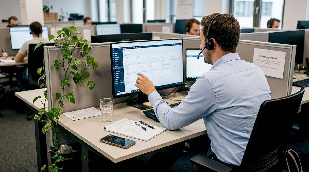 Ein Vertriebsleiter führt im Büro ein direktes Kundengespräch am Telefon.