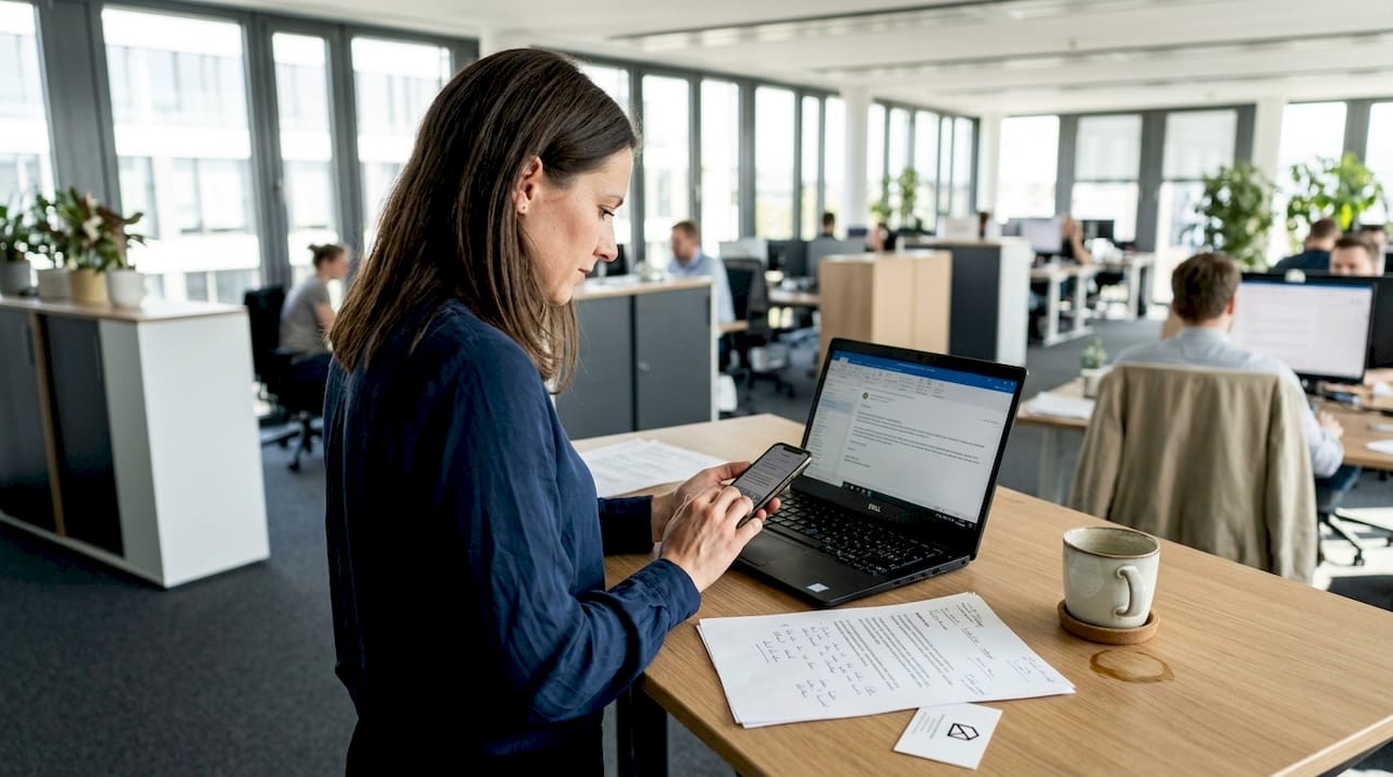 Eine Vertriebsexpertin verfasst am Stehtisch eine Nachricht im CRM-System.