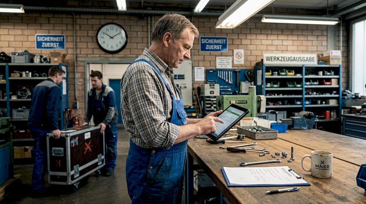 Ein Techniker pflegt digitale Aufträge in der Werkstatt ein.
