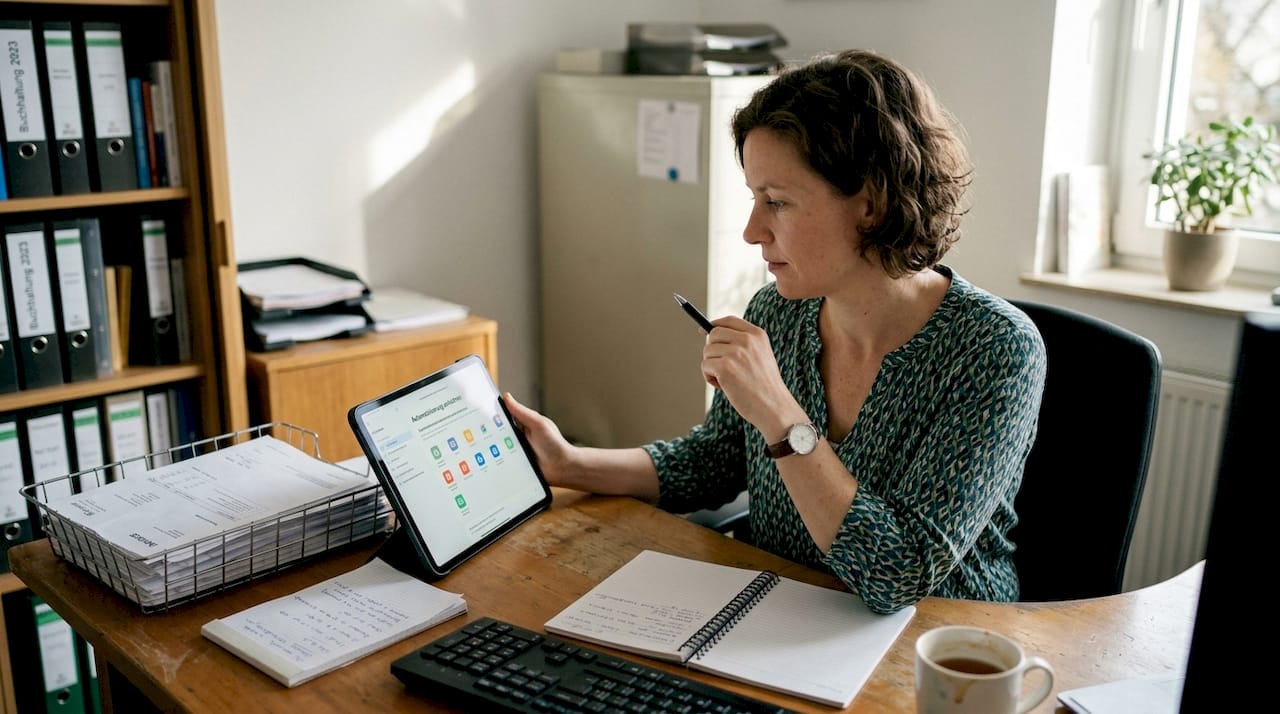Eine Geschäftsfrau setzt ihr Tablet gezielt für Vertriebsaufgaben ein.