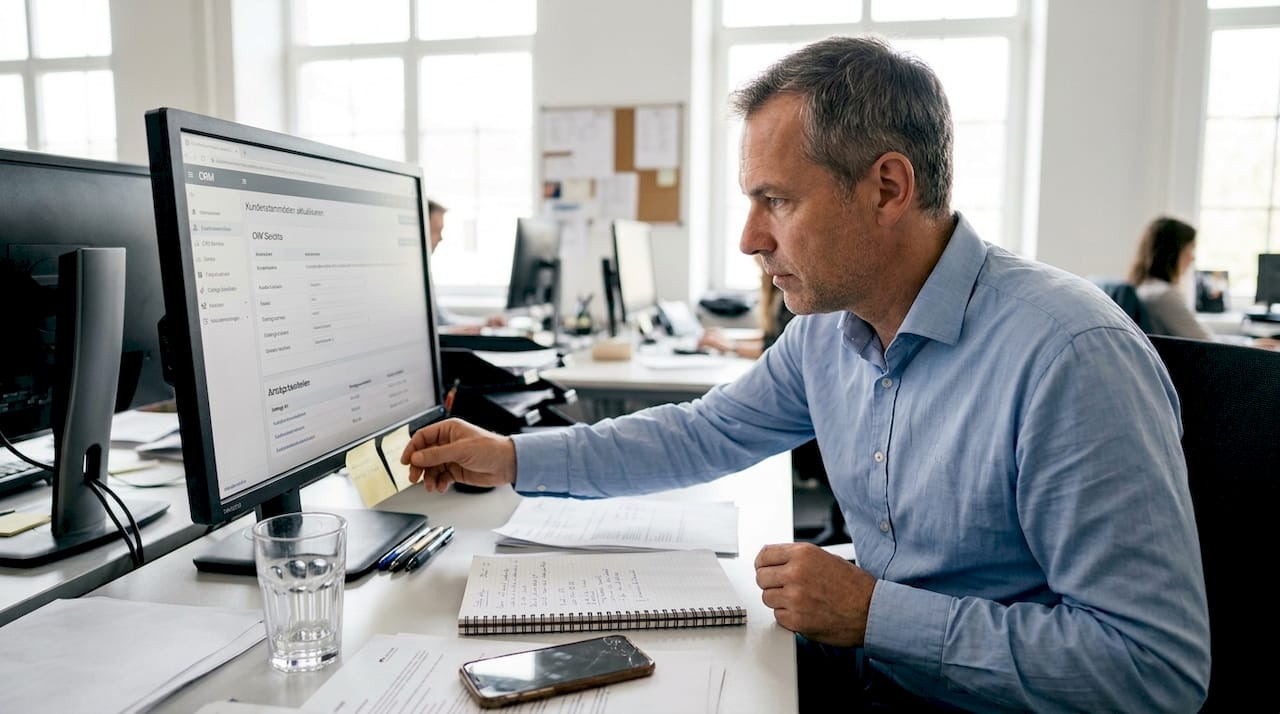 Ein Mitarbeiter trägt am Schreibtisch neue Informationen ins CRM-System ein.