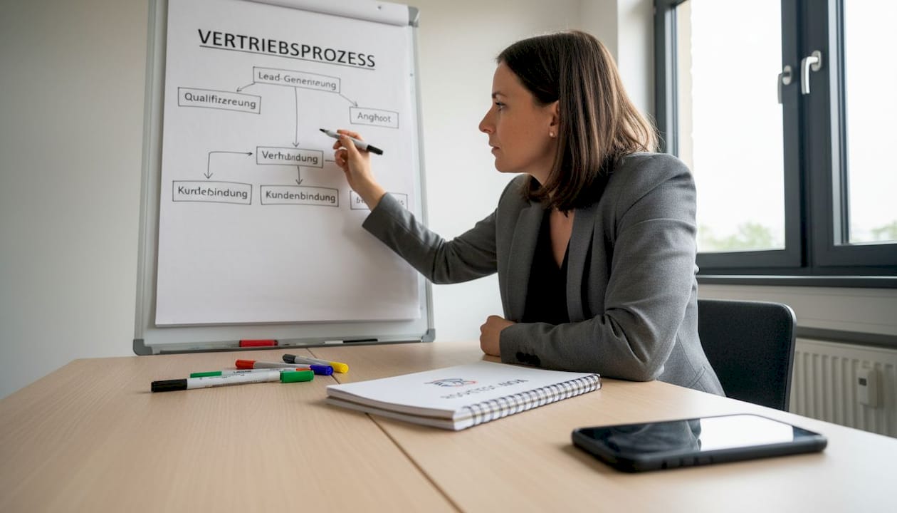 Eine Frau erläutert den Vertriebsprozess anschaulich am Whiteboard.