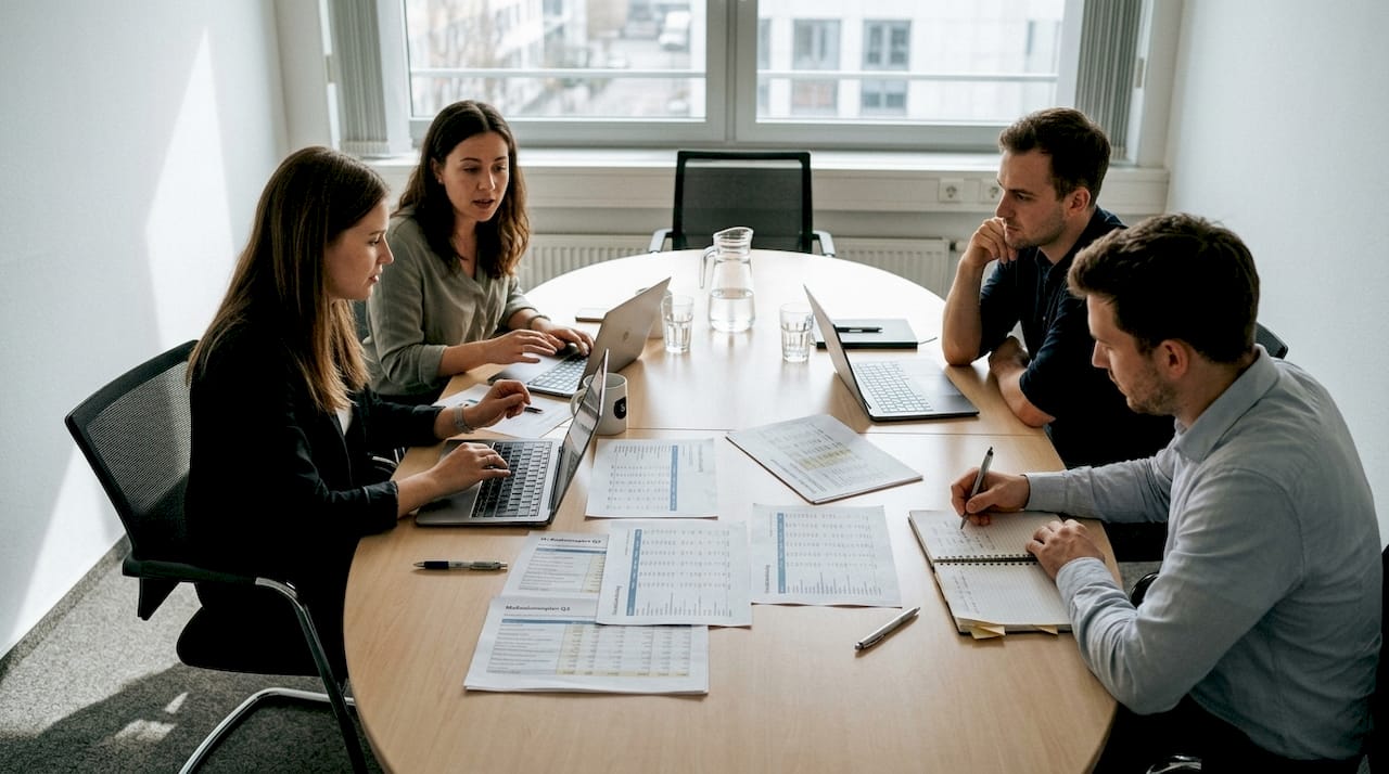 Im Besprechungsraum berät das Team über konkrete Maßnahmen.