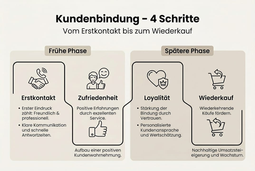 Die Infografik veranschaulicht die vier wichtigsten Schritte zur erfolgreichen Kundenbindung.