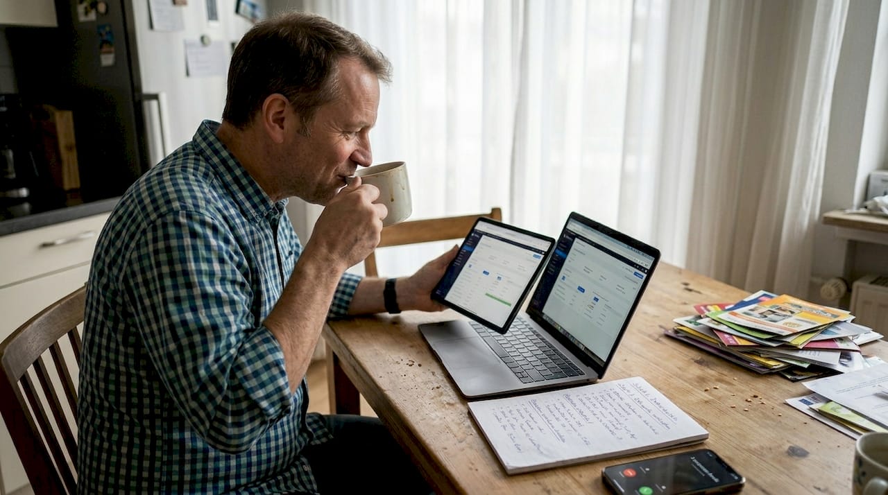 Geschäftsmann prüft verschiedene No-Code-Plattformen, um seine Arbeitsabläufe zu automatisieren.