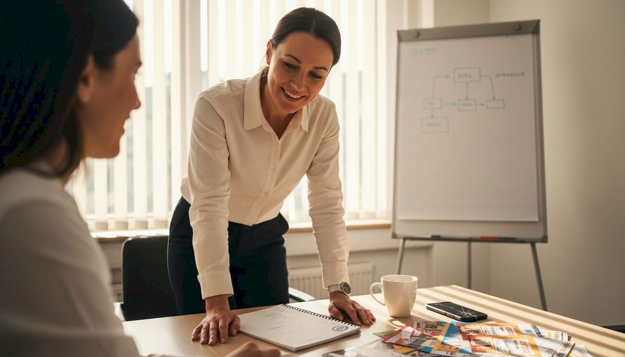 Das Vertriebsteam bespricht gemeinsam im Büro die einzelnen Schritte ihres Arbeitsablaufs und geht die Checkliste sorgfältig durch.