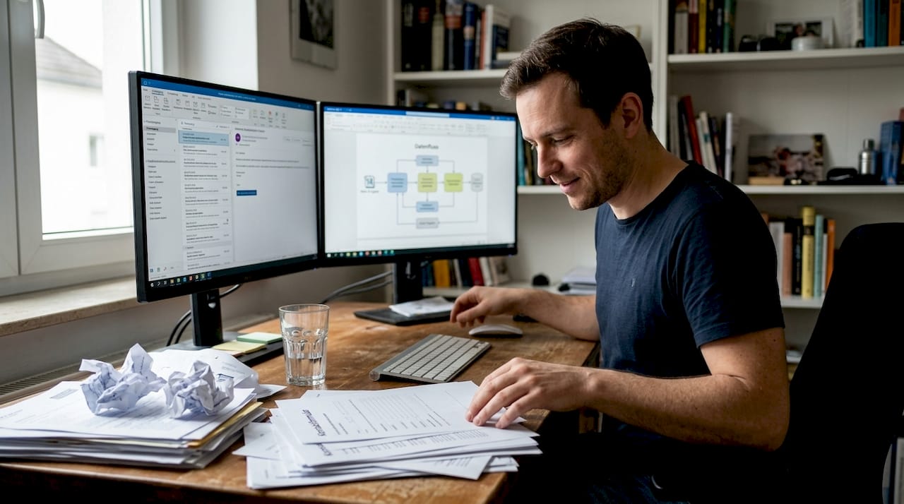 Ein Mitarbeiter pflegt Kundendaten von zu Hause aus.