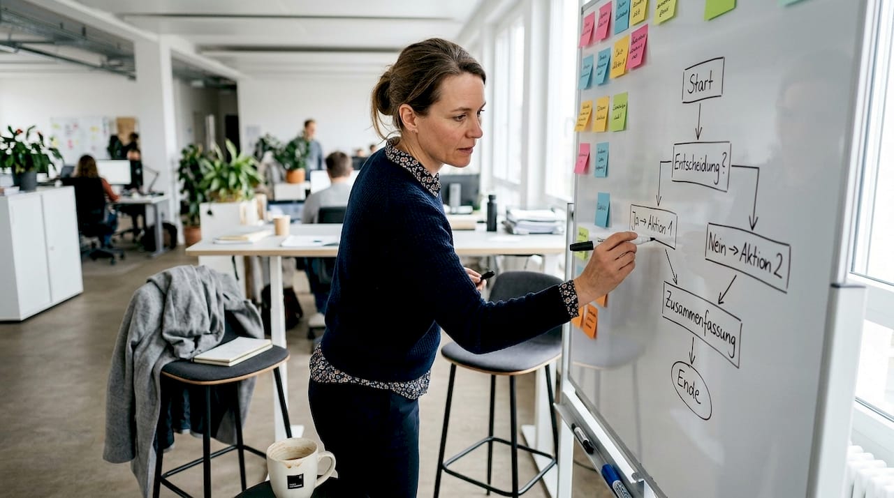 Eine Mitarbeiterin skizziert den Ablauf eines Prozesses am Whiteboard.