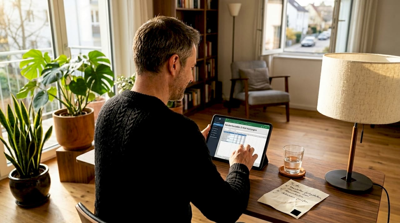 Im Wohnzimmer sitzt ein Mann und kümmert sich um seine E-Mail-Verteilerliste.