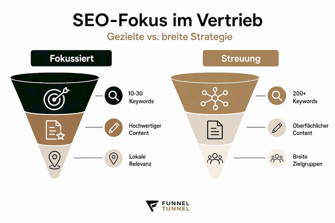 Die Infografik veranschaulicht den Unterschied zwischen einer gezielten SEO-Strategie und einer breit angelegten Content-Verteilung.