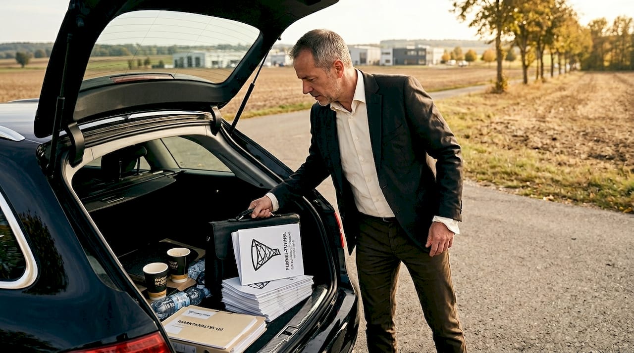 Ein Außendienstmitarbeiter stimmt sich vor dem Kundentermin noch am Auto auf das Gespräch ein.