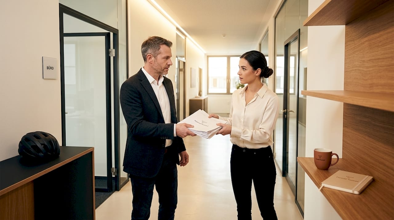 Im Büro reichen sich Kollegen einen Stapel Unterlagen weiter.