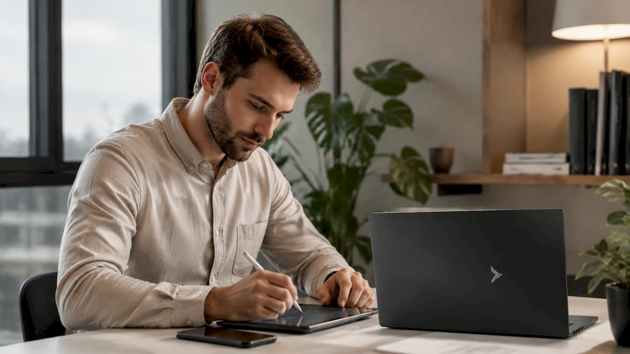 Mit dem Tablet werden im Homeoffice Notizen gemacht – ganz bequem direkt am Schreibtisch.