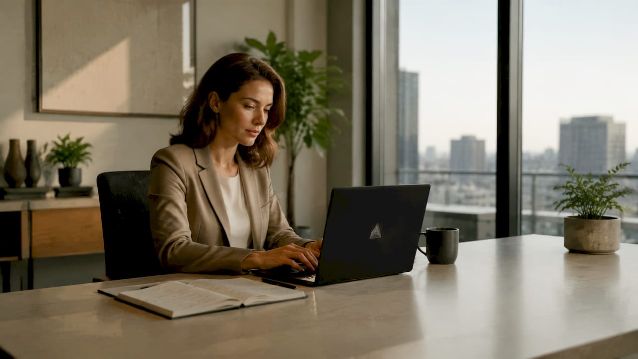 Eine IT-Expertin programmiert KI-Anwendungen an ihrem Laptop.
