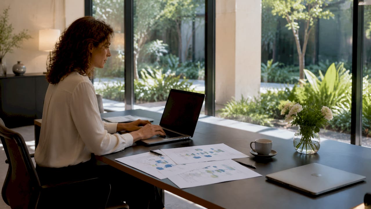 Eine Mitarbeiterin sitzt am Schreibtisch und arbeitet an der Einbindung eines CRM-Systems.