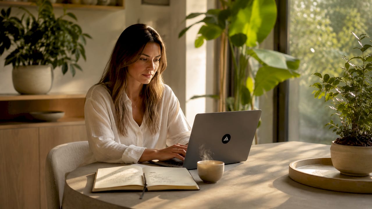 Eine Frau arbeitet konzentriert am Laptop, ihr Schreibtisch ist mit Notizen bedeckt.
