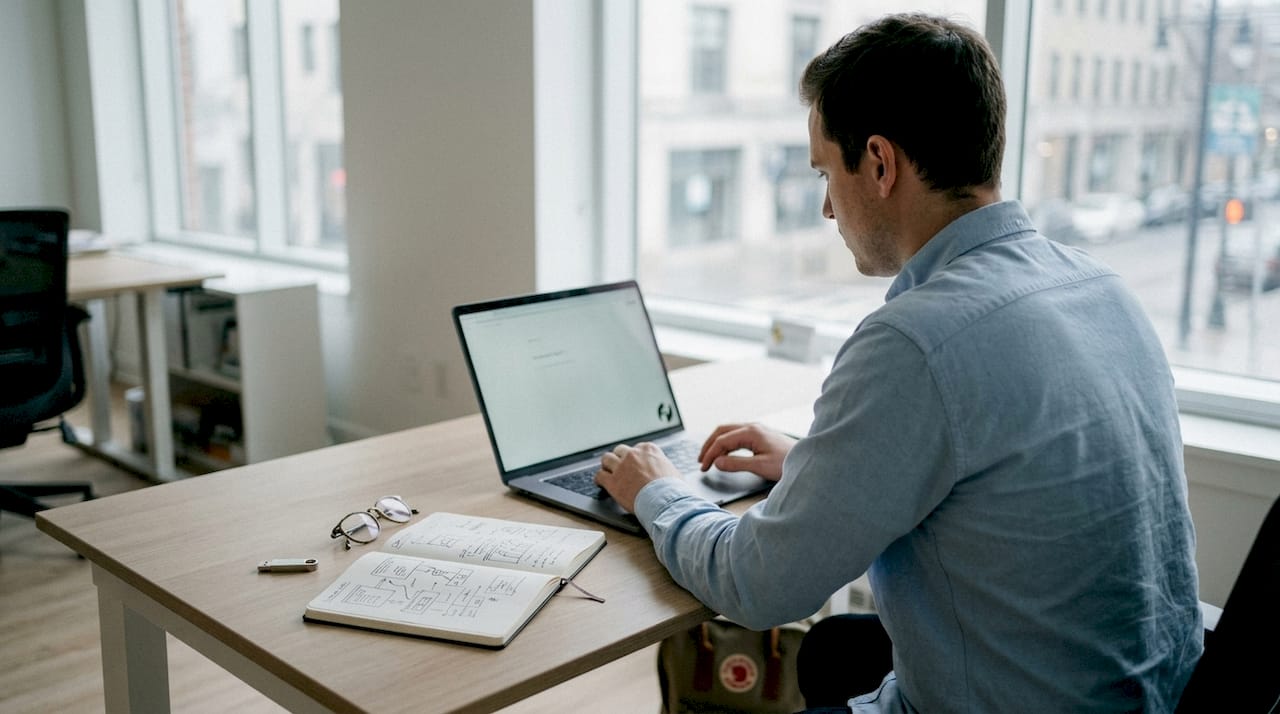 Mit geschickten Händen wird am Laptop der technische Newsletter vorbereitet.