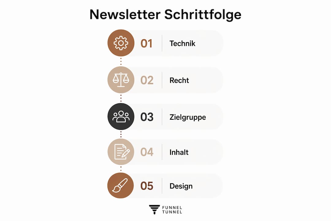 Anschauliche Grafik mit den wichtigsten Schritten für einen erfolgreichen Newsletter – übersichtlich nummeriert.