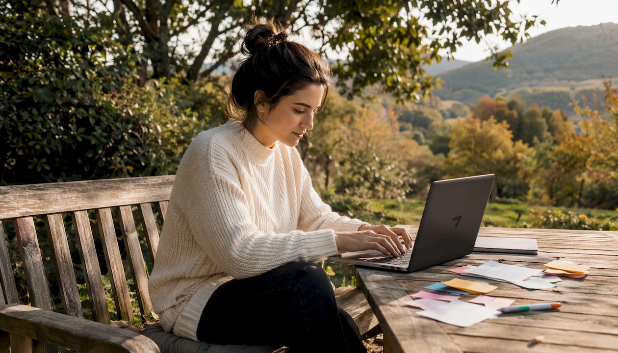 Eine junge Frau nutzt ihren Laptop, um auf einer Online-Lernplattform zu arbeiten.