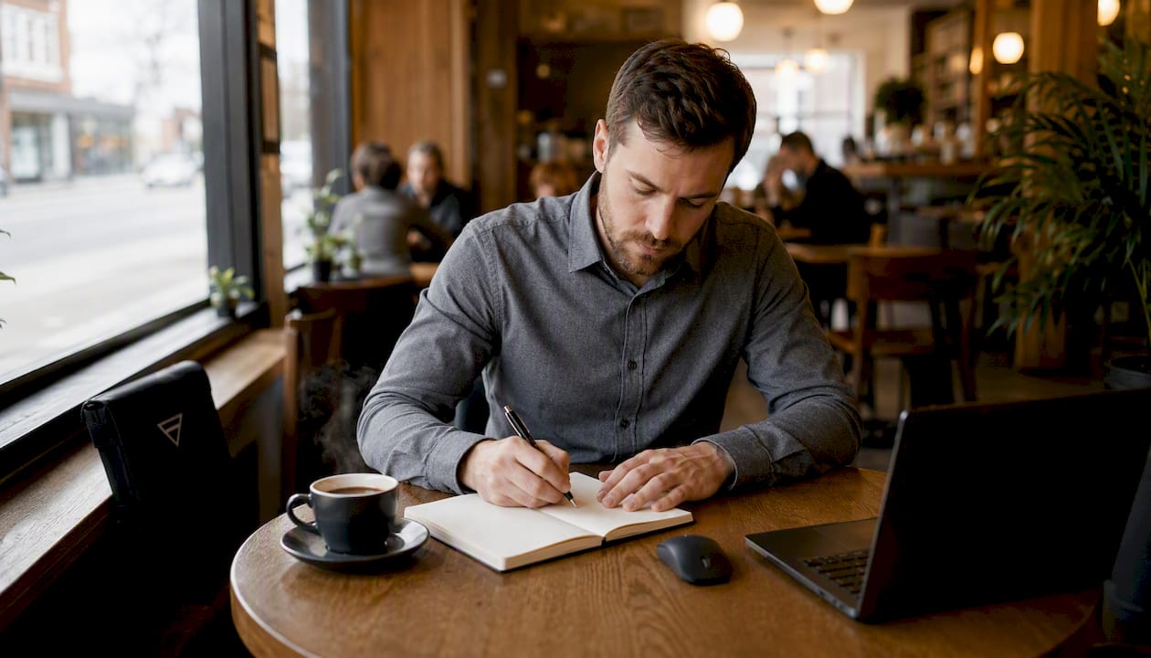 Eine Hand bedient die Computermaus, während daneben ein Notizbuch mit CRM-Einträgen liegt.