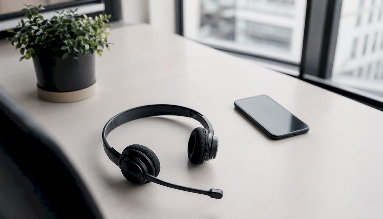 Ein Headset für den Kundenservice liegt neben dem Telefon auf dem Schreibtisch.