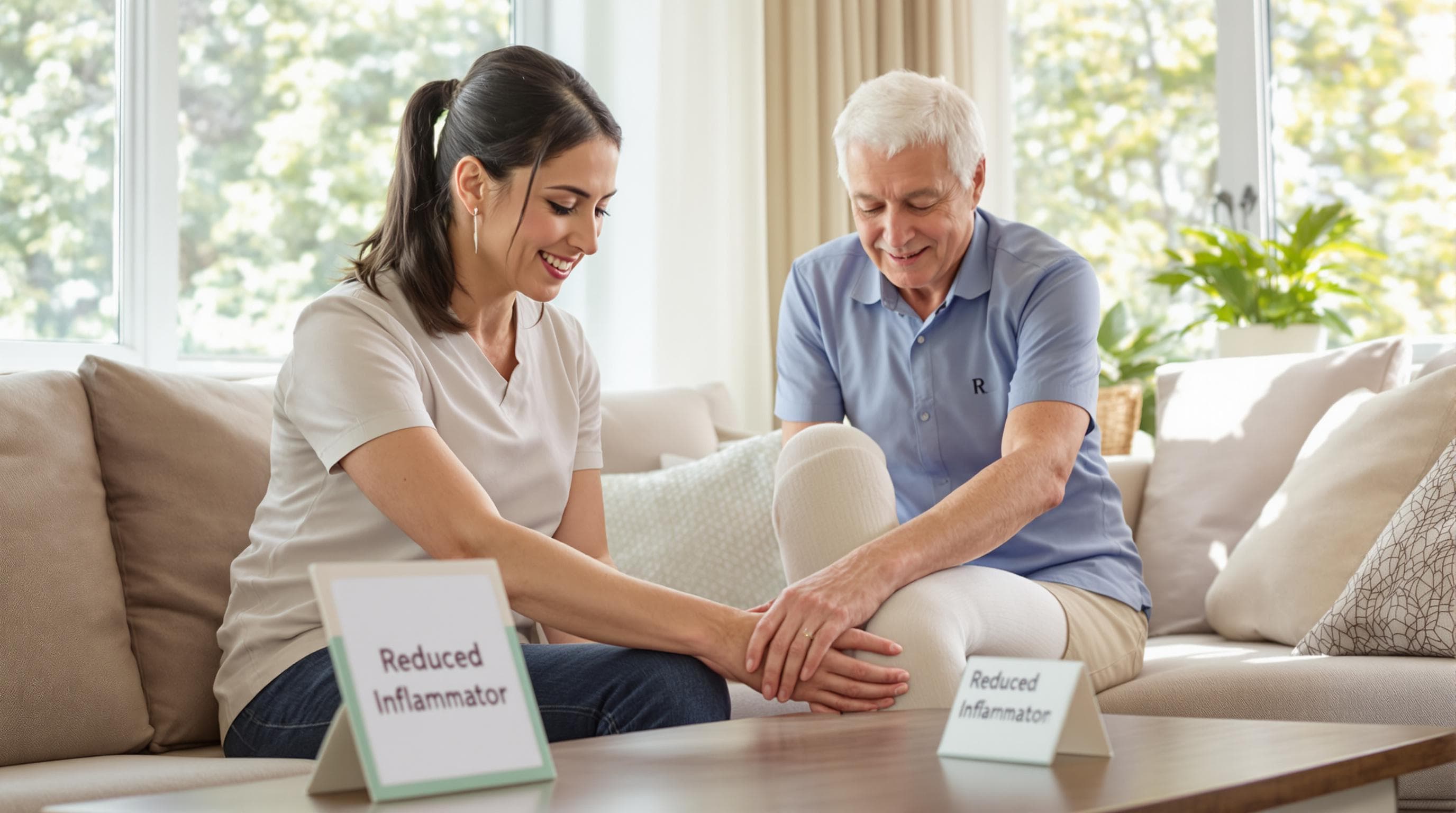 Senior receiving help with compression stockings at home