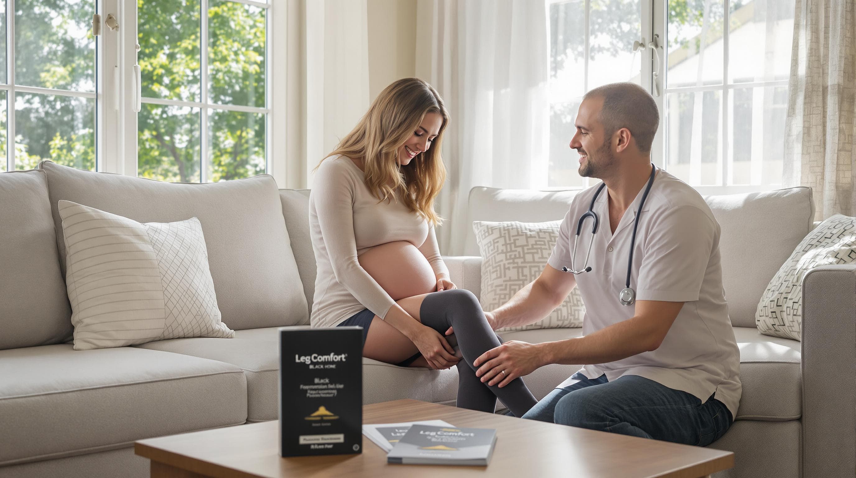 Pregnant woman and healthcare provider fitting compression socks for comfort and support