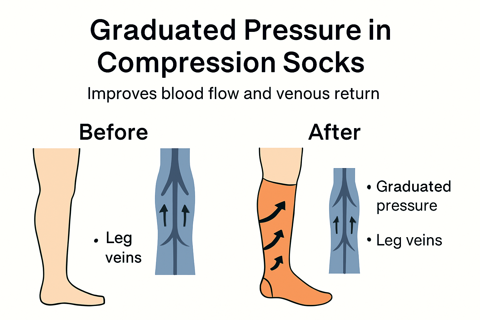 Infographic showing graduated pressure in compression socks and effects on blood flow