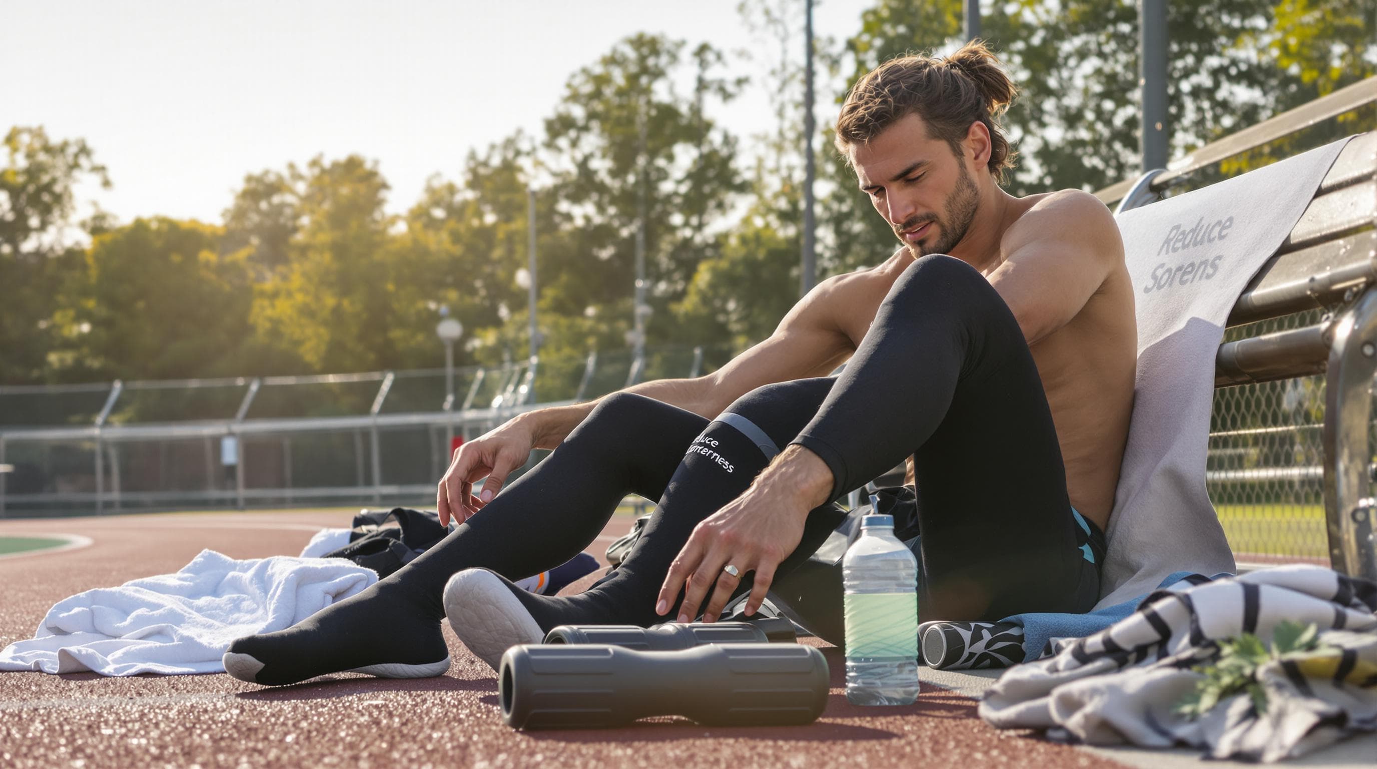 Runner removing compression stockings after workout, reduce soreness banner visible