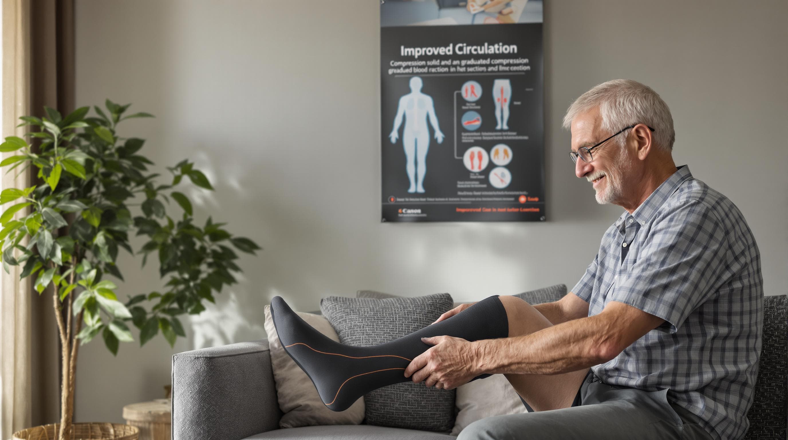 Elderly man putting on compression stocking with circulation poster in background
