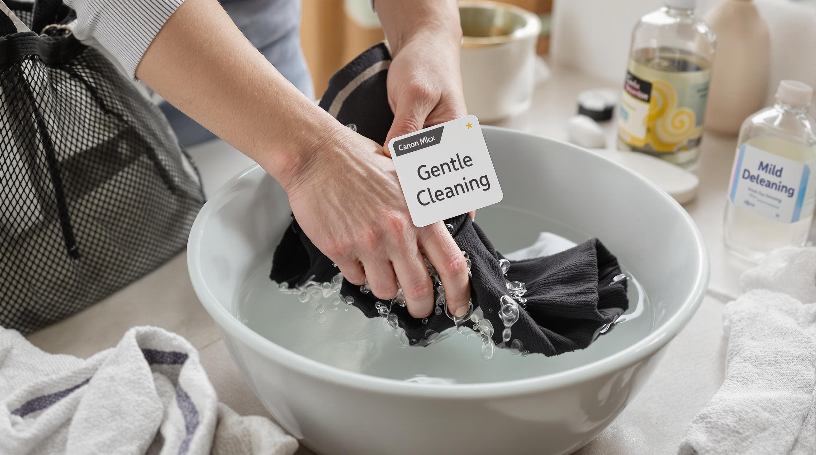 Hands gently washing stockings with 'Gentle Cleaning' care card above sink