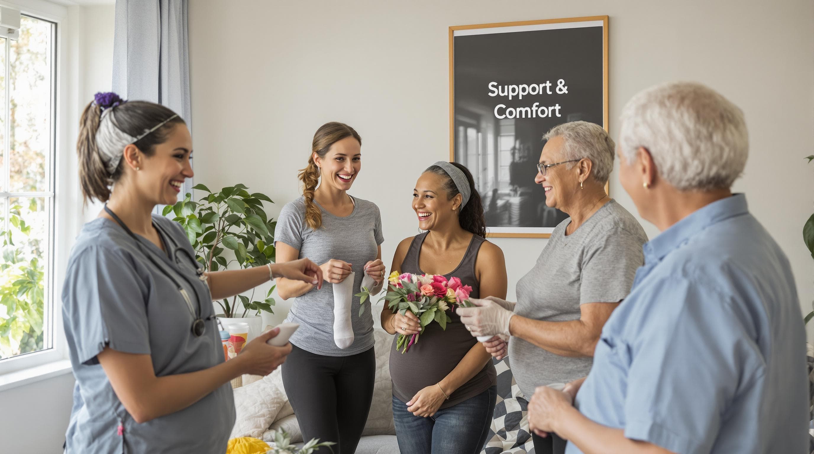 Diverse group compares compression socks in bright living room