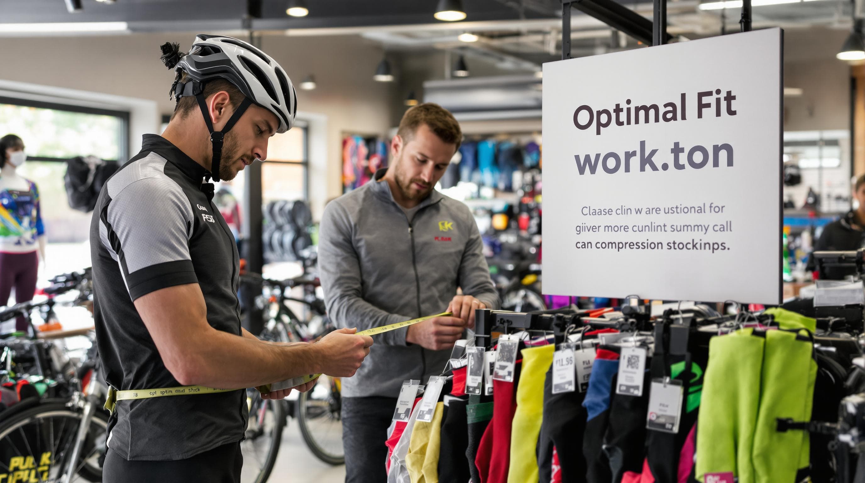 Cyclist measuring calf and reviewing compression stocking choices in bike shop